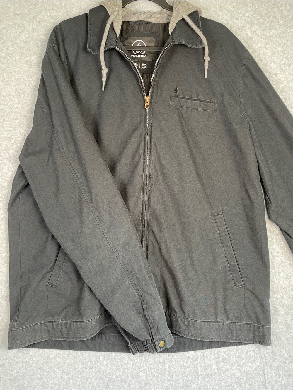 Volcom Men’s Black Zip Hooded Shirt Jacket with Gray Drawcord